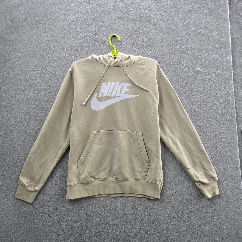 Nike Men Hoodie M Beige Fleece Big Logo Nike Swoosh Graphic Pullover